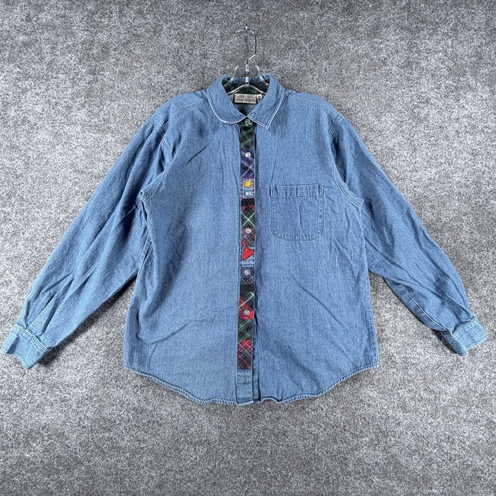 Vintage Susan Bristol Denim Button-Up Shirt‎ Womens M Blue Plaid Flannel Trim